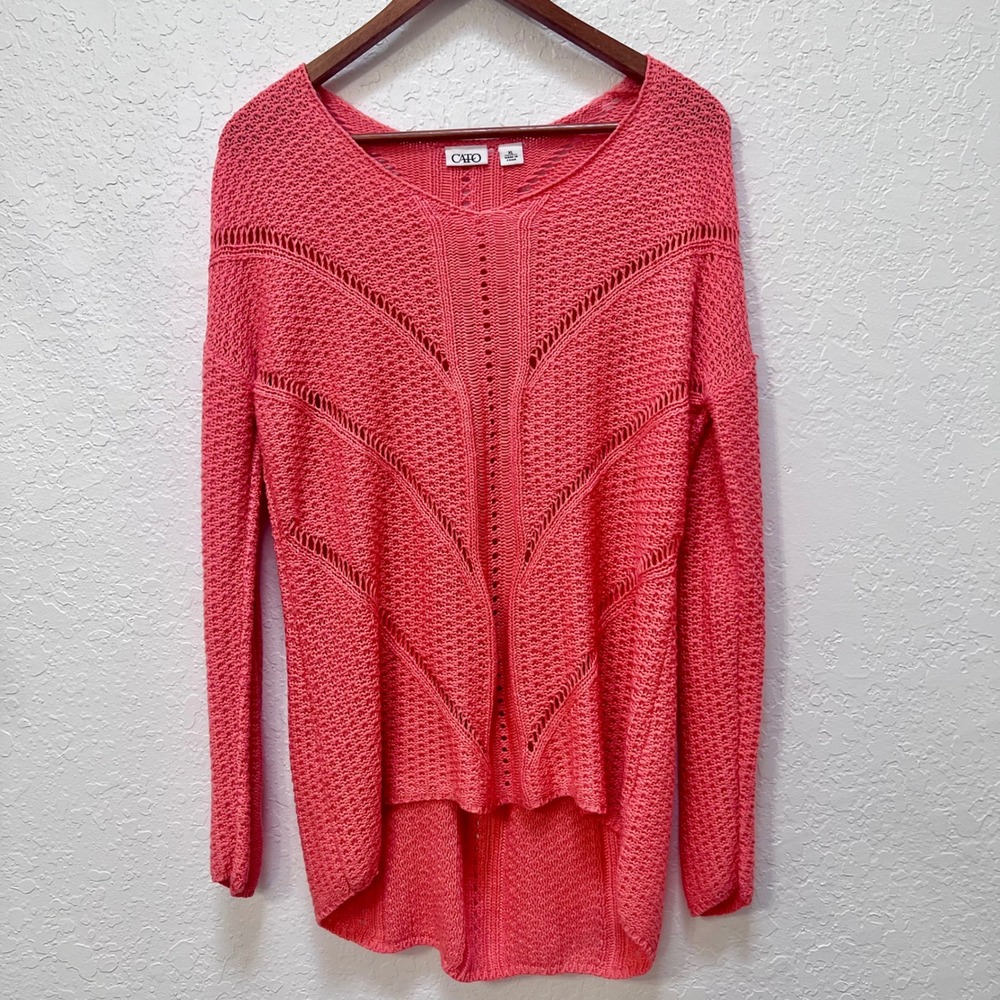 Cato Womens XL Coral Pink Open Knit Pointelle Chevron High Low Sweater Pullover